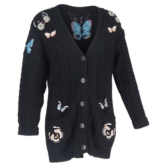 Valentino Appliquéd Cable-Knit Cardigan in Black Wool